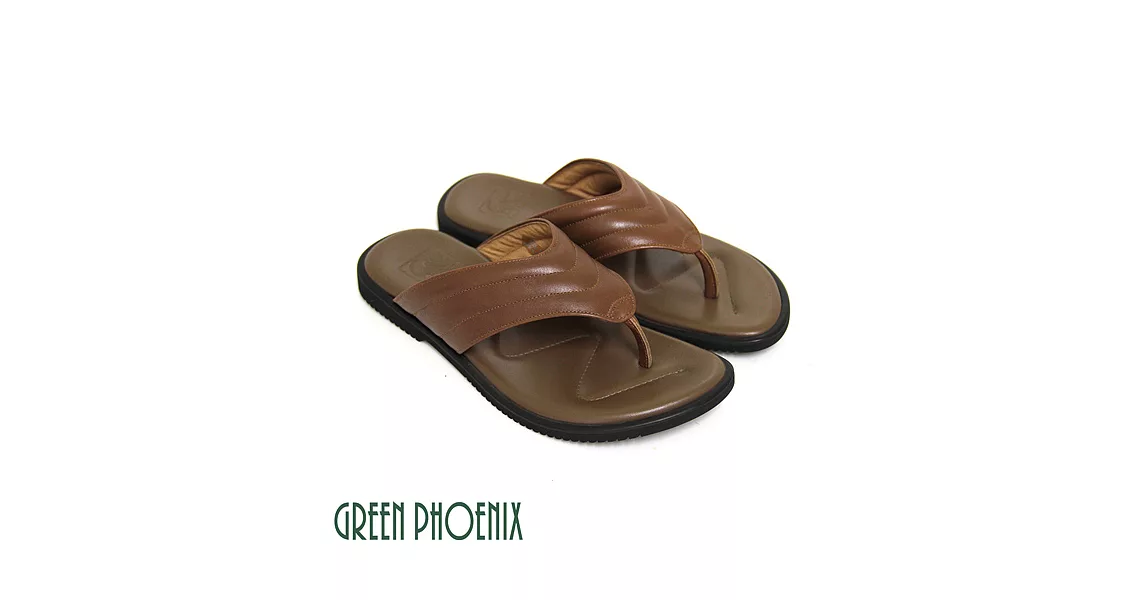 ◤Green Phoenix◥男款沉穩寬版牛皮休閒夾腳拖鞋6淺咖啡