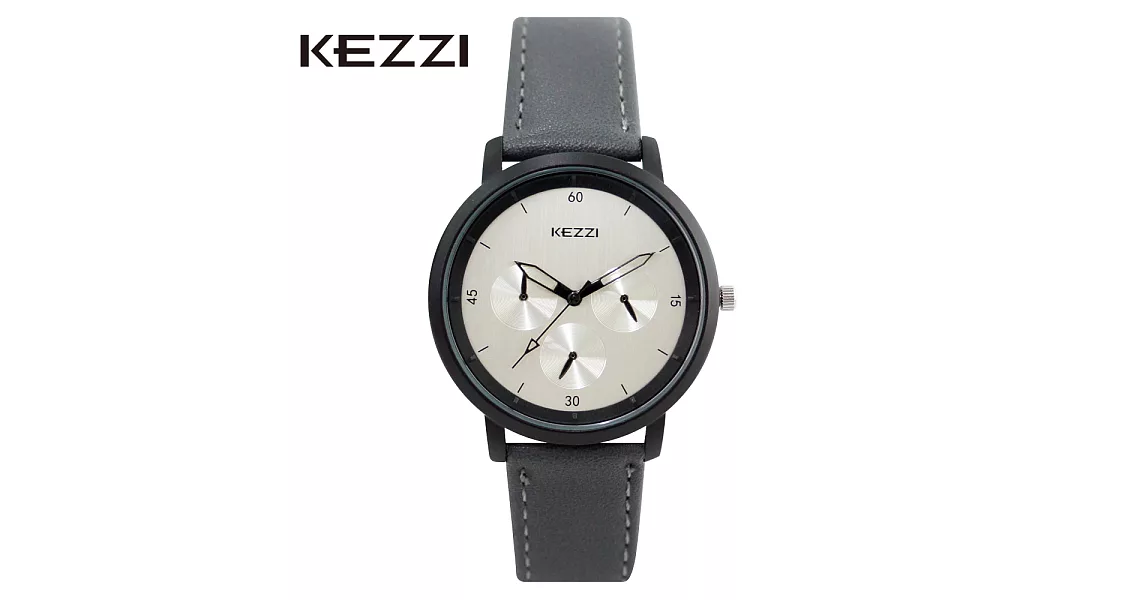 KEZZI珂紫 K-1653 黑白簡約輕設計三眼造型質感皮帶錶- 灰