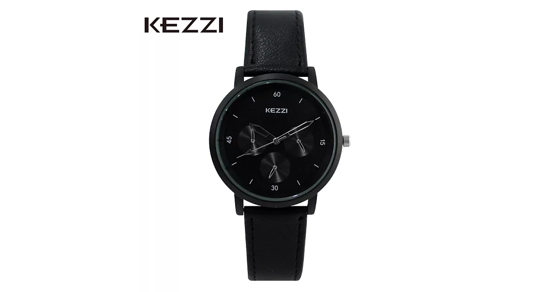 KEZZI珂紫 K-1653 黑白簡約輕設計三眼造型質感皮帶錶- 黑