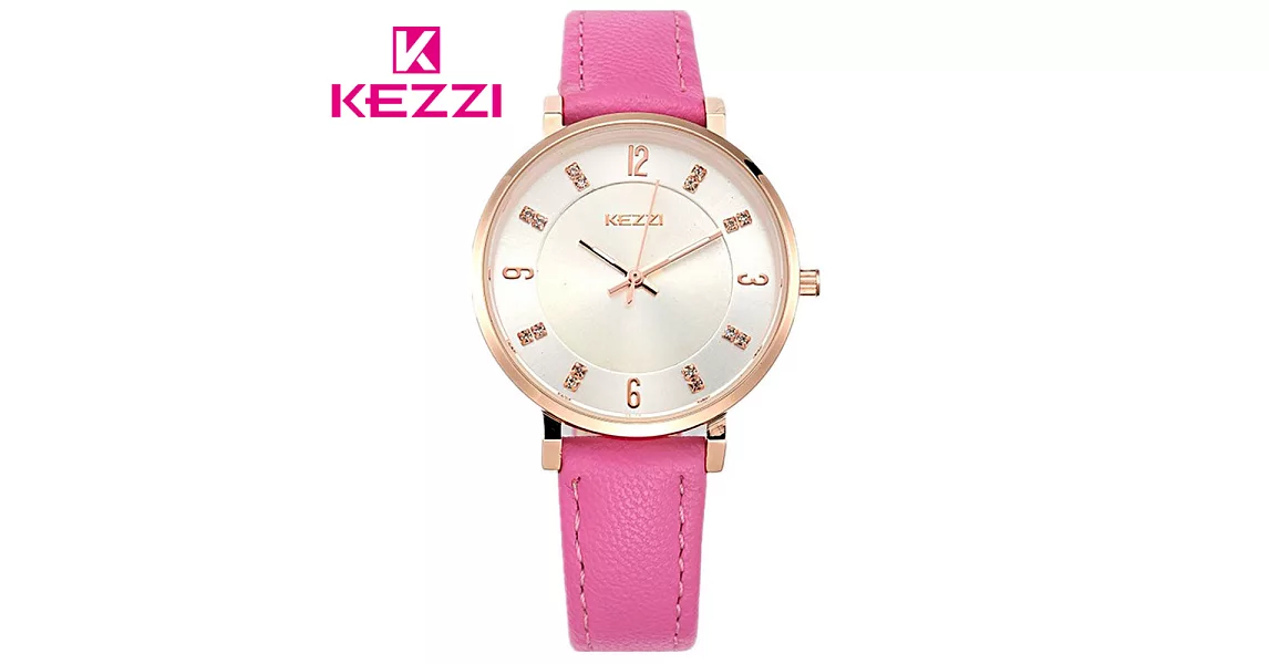KEZZI珂紫 K-1595 氣質鑲鑽玫瑰金刻度美氛女錶- 桃色