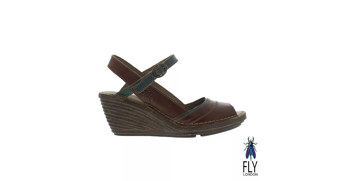 Fly London(女) Gami 魚口描邊真皮楔型高跟涼鞋 - EU36綠邊咖