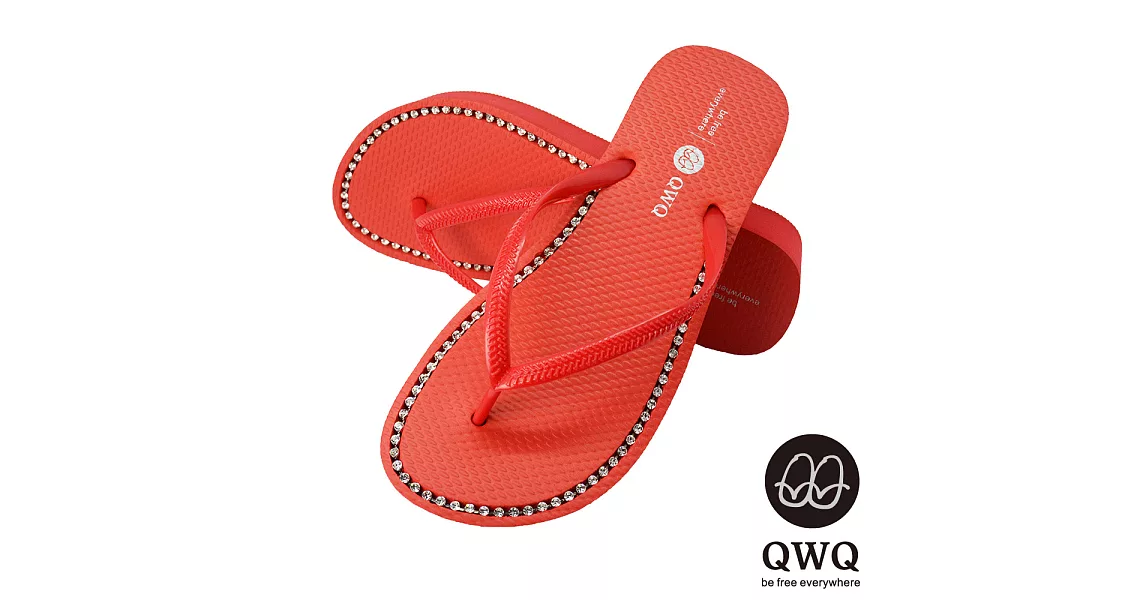 QWQ夾拖的創意(女) - 慛燦面鑽 全素面施華洛世奇鑽鍊3cm夾腳拖鞋 -EU35搖滾紅