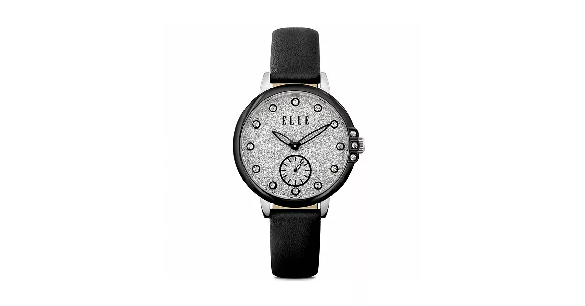 ELLE 時尚創新亮粉皮革腕錶-銀*黑色/34mm