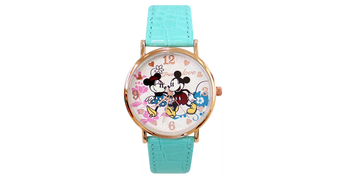 Disney 迪士尼經典組合米奇米妮皮帶錶- 約會水藍