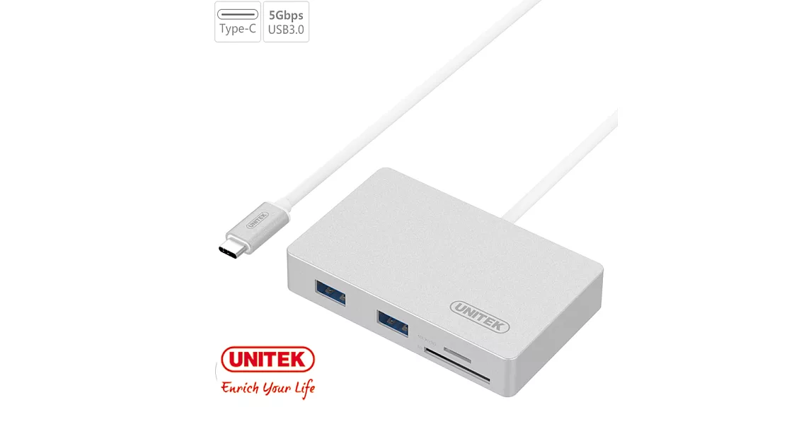 UNITEK 優越者USB3.1Type-c轉USB3.0HUB+讀卡機