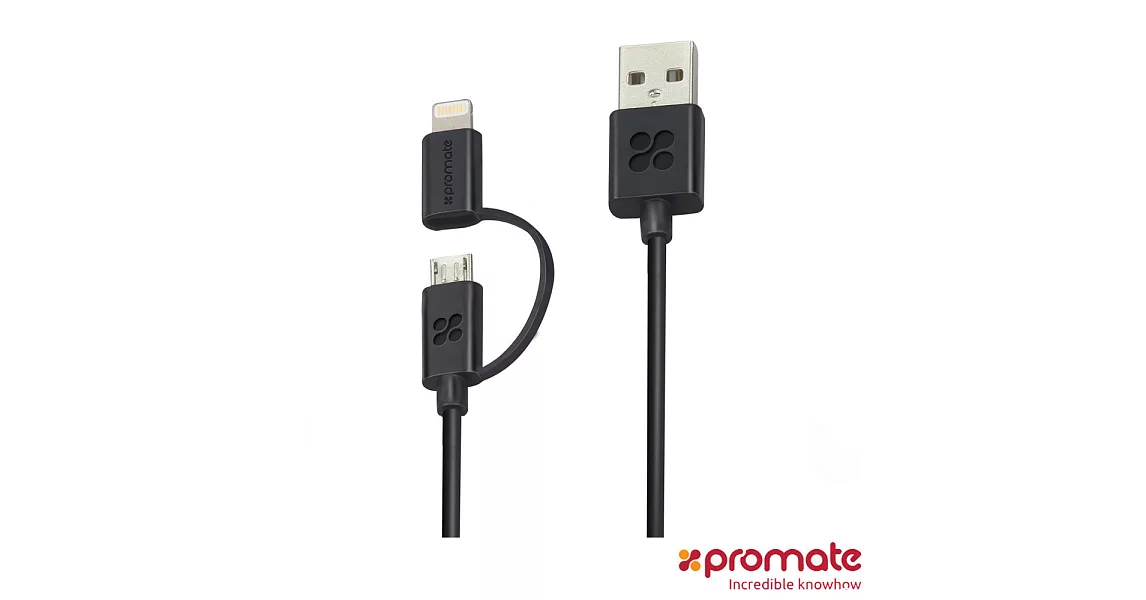 Promate lightning & micro USB 兩用式傳輸線(MFi 認證)黑