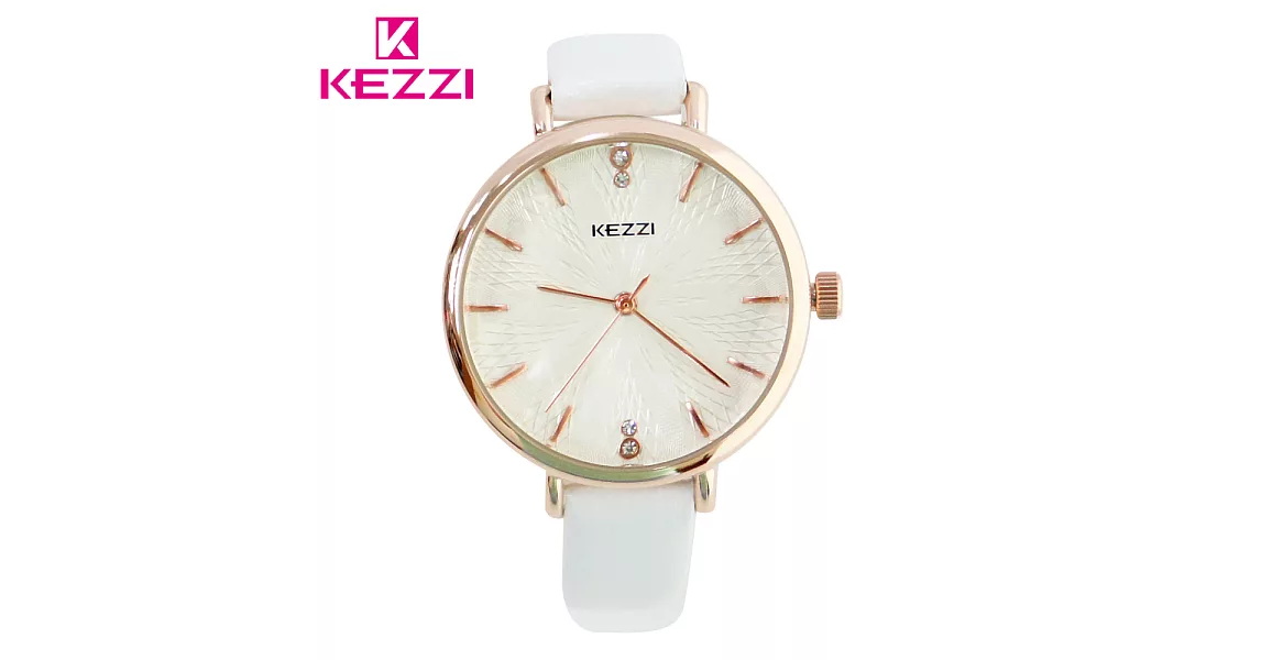 KEZZI珂紫 K-1672 優雅綻放花紋玫金水鑽手錶 - 白色