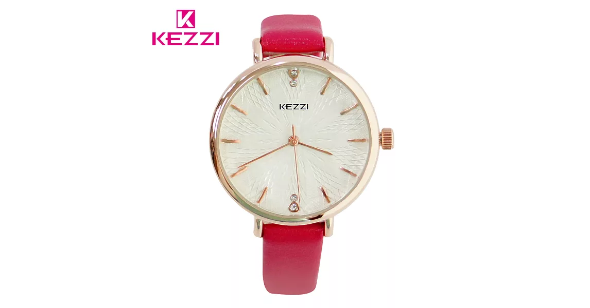 KEZZI珂紫 K-1672 優雅綻放花紋玫金水鑽手錶 - 桃色