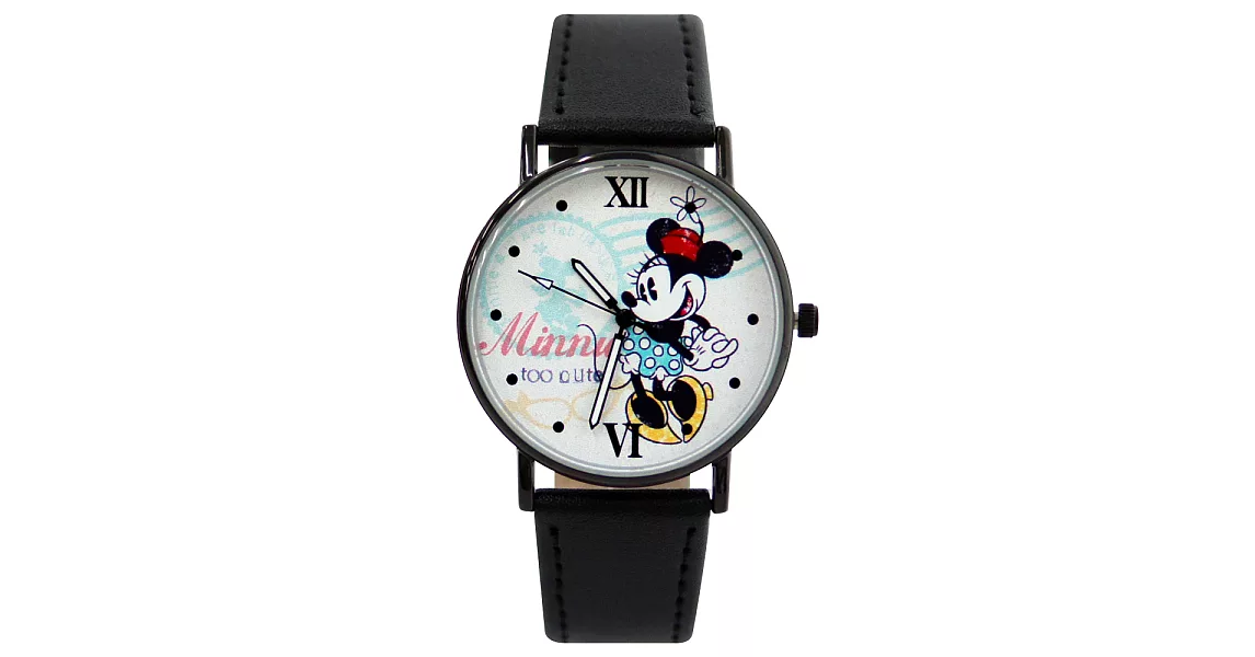 Disney 迪士尼經典組合米奇米妮復古黑色皮帶錶- 郵戳米妮