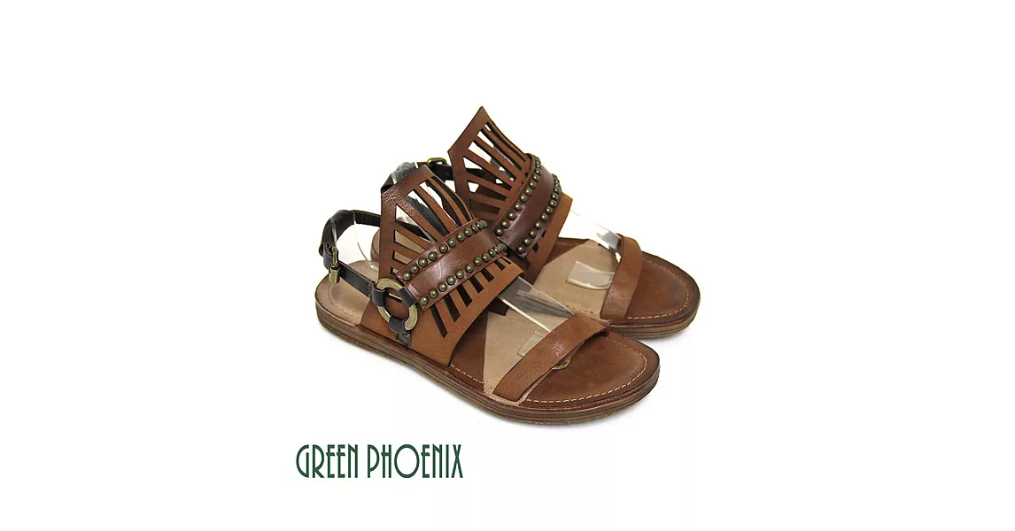 ◤Green Phoenix◥BIS-VITAL 仿舊釘扣鏤空立體皇冠側扣義大利雙色臘皮平底涼鞋EU37咖啡色