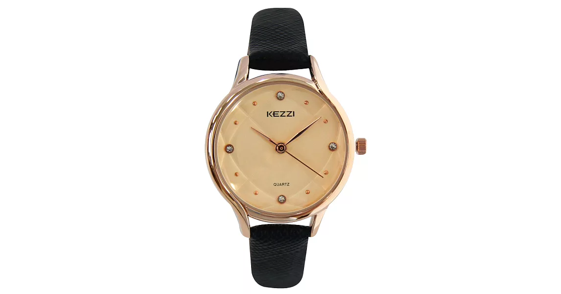 KEZZI珂紫 K-1567 優雅菱格壓紋細錶帶鑲鑽錶 - 黑色