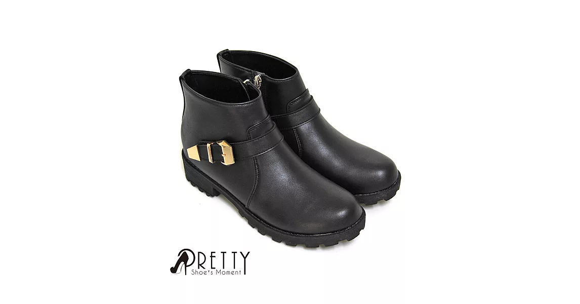 【Pretty】個性金屬裝飾側拉鍊低跟短靴JP23黑色