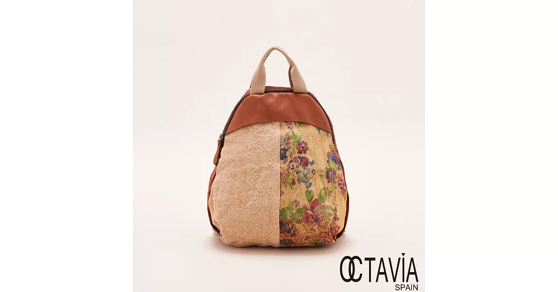 OCTAVIA 8真皮 - 京都布花系列 蛋型牛皮拼接後背包 - 小旦咖