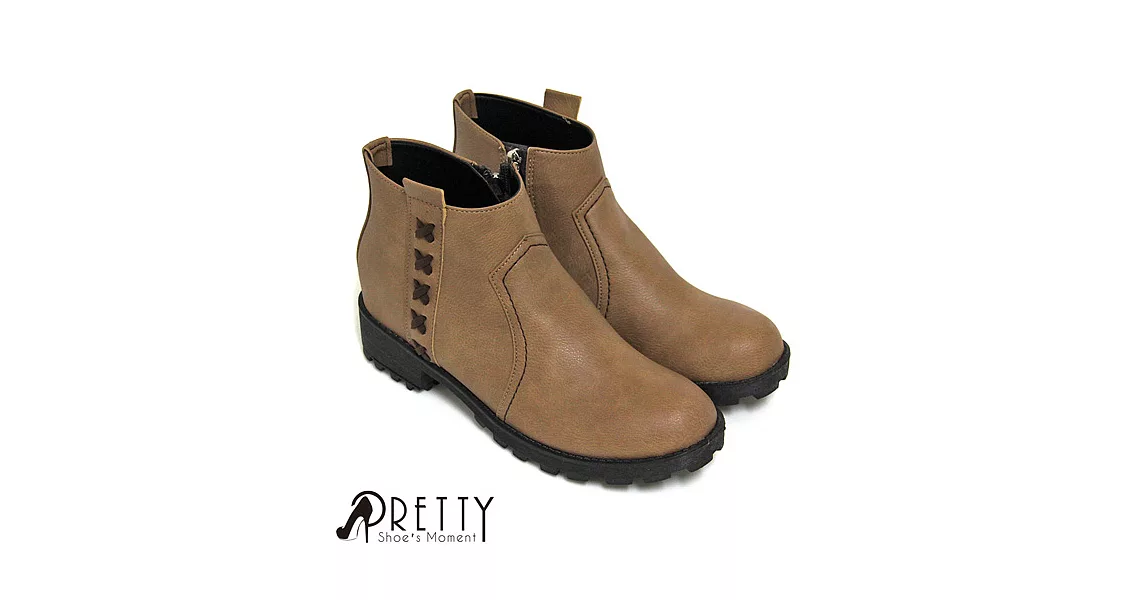 【Pretty】交叉側拉鍊低跟短靴JP23杏色