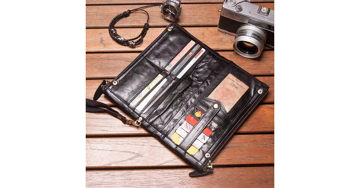 【H-CT】多功能拉鍊壓扣大容量黑色真皮長夾(GN9034C-Y)