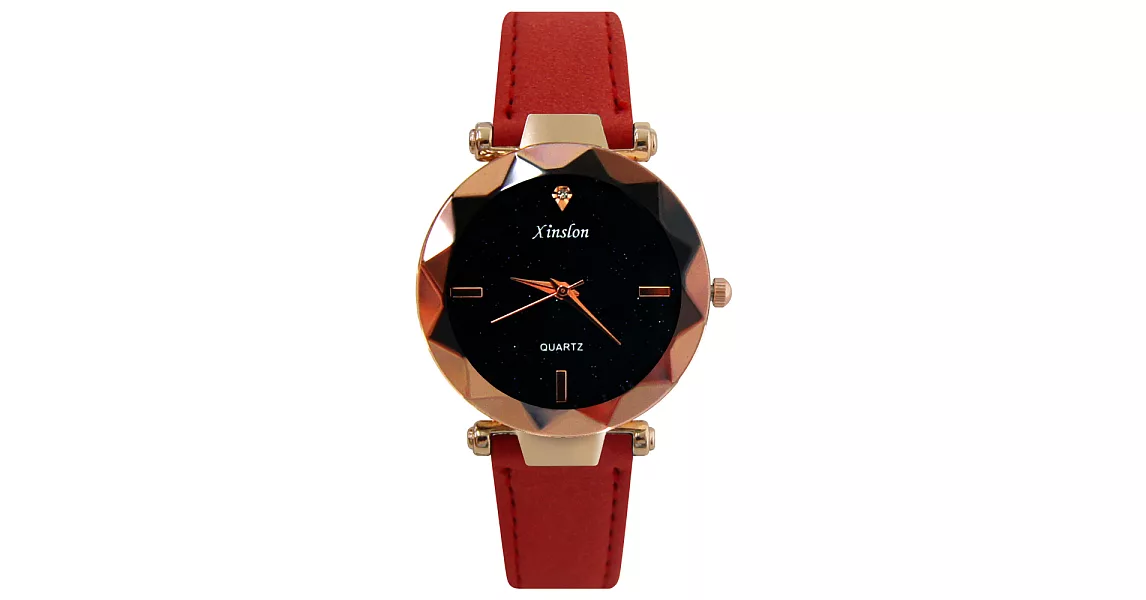 Xinslon XSL621-1 多角造型切割玻璃水鑽氣質皮帶錶- 紅帶