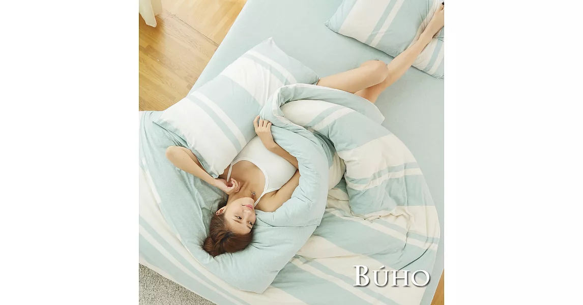 《BUHO》100%長纖純棉針織床包被套-雙人四件組《鋪述自然-藍綠》