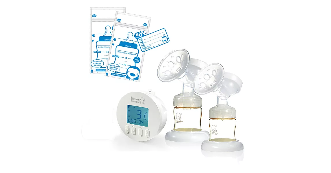 酷咕鴨KU.KU. 智能韻感雙邊吸乳器+藍色企鵝 PUKU Petit 母乳儲存袋60ml