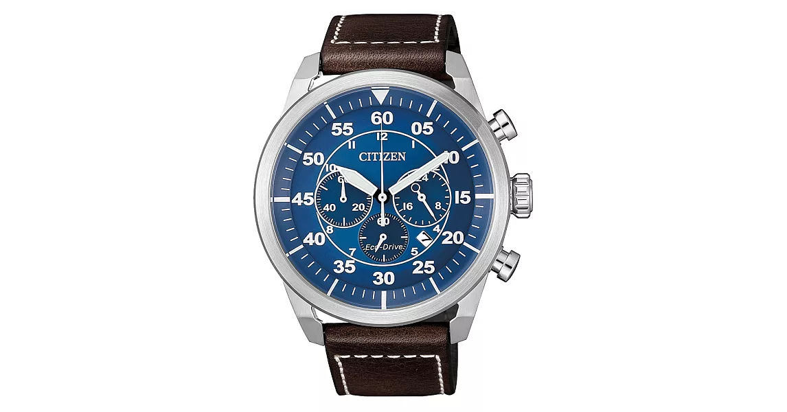 CITIZEN 光動能時尚計時三眼腕錶-咖啡X藍-CA4210-41L