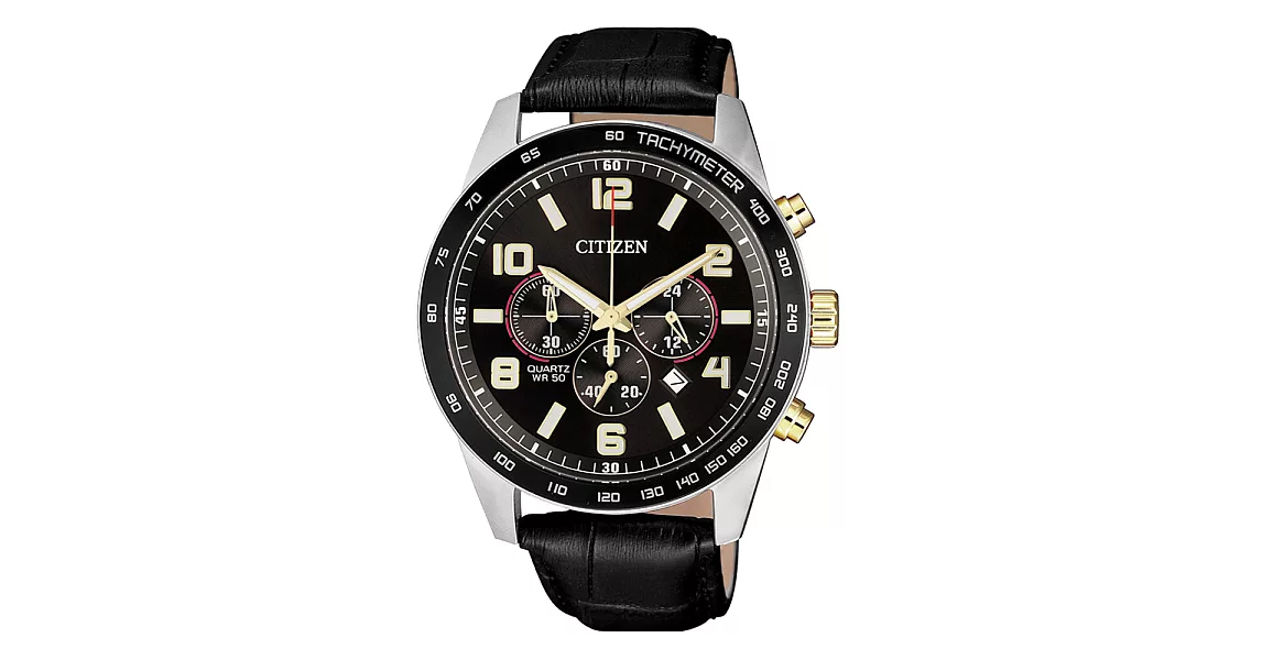 CITIZEN 榮耀時刻三眼腕錶-黑-AN8166-05E