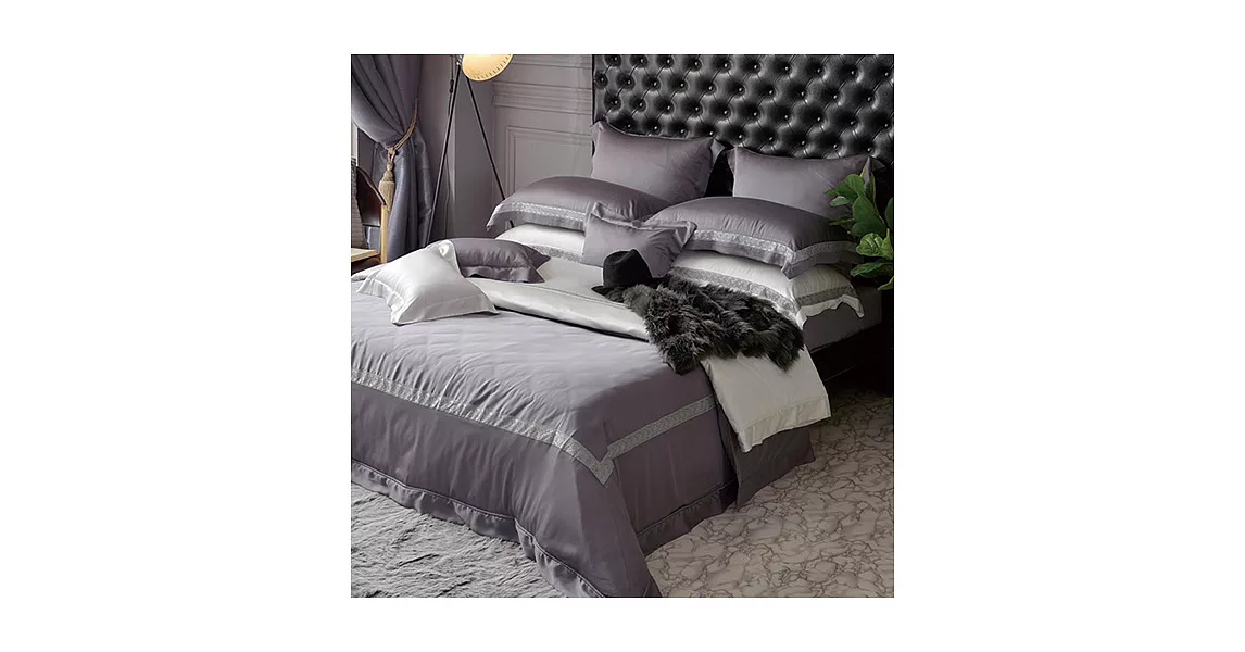 義大利La Belle《法蘭克》特大天絲蕾絲四件式防蹣抗菌吸濕排汗兩用被床包組-灰