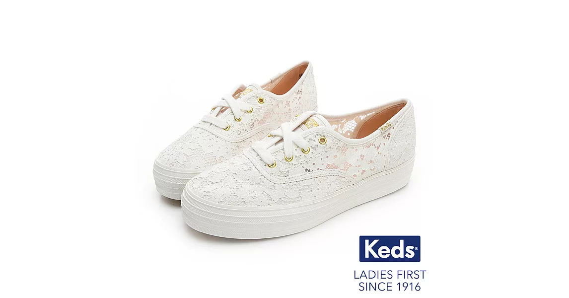 【Keds】TRIPLE 蕾絲緹花厚底綁帶帆布鞋US8.5米白