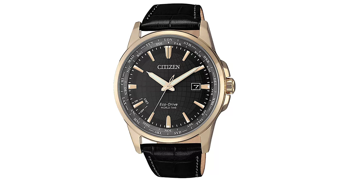 CITIZEN GENT&rsquo;S光動能世界時間皮革腕錶-黑X玫瑰金