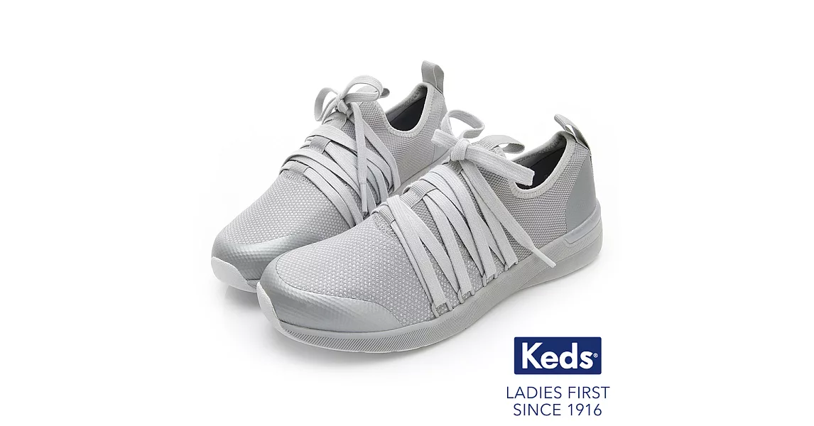【Keds】STUDIO FLASH 完美包覆綁帶輕量休閒鞋US6銀色