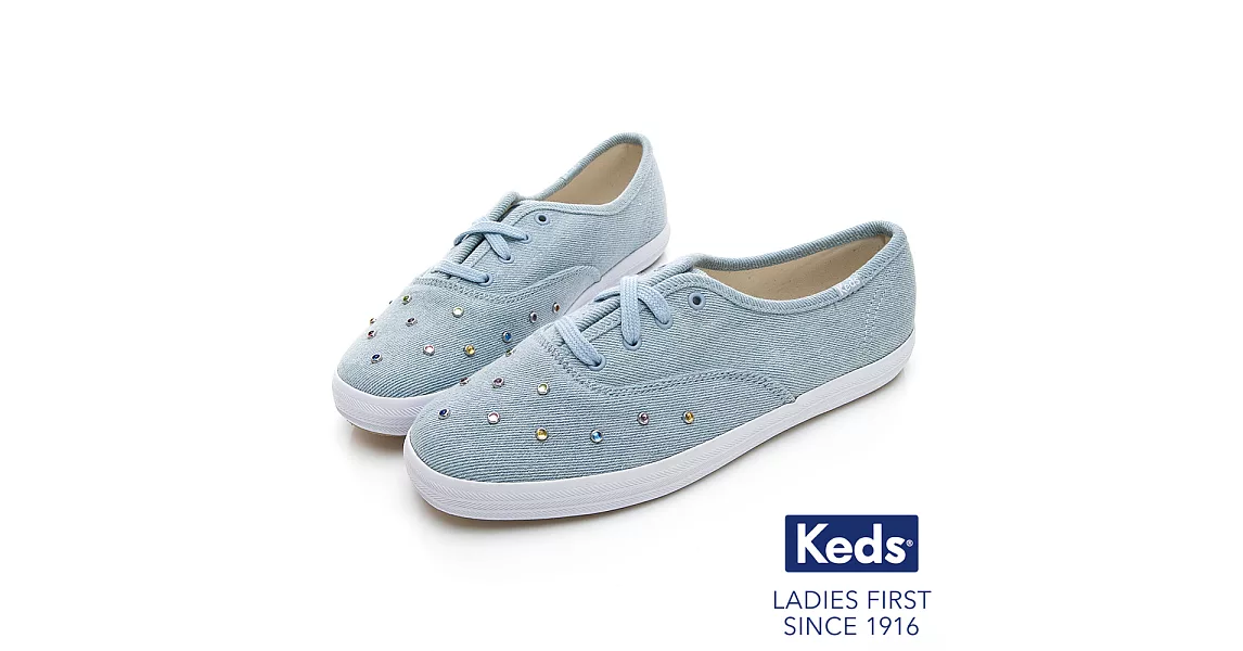 【Keds】CHAMPION 彩色水鑽丹寧綁帶休閒鞋US7.5淺藍