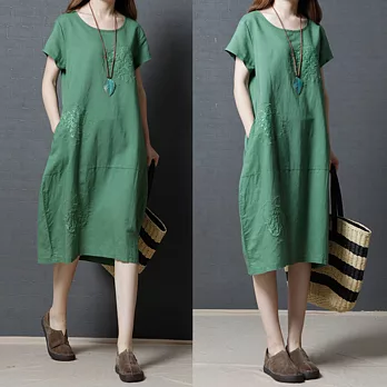 【A.Cheter】蕾絲貼布刺繡棉麻洋裝100413(2色)XL綠