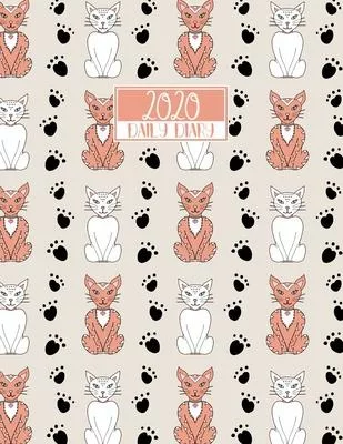 2020 Daily Diary: A4 Day on a Page to View Full DO1P Planner Lined Writing Journal - White & Ginger Cats Paw Prints Pattern