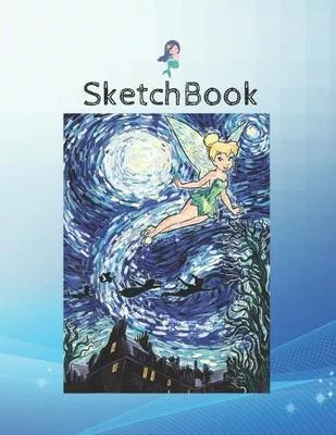 SketchBook: Disney Peter Pan Tinker Bell Outline Floral Sketch Portrait Blank Marble Unline Large Notebook for Cute Girls Teens Ki