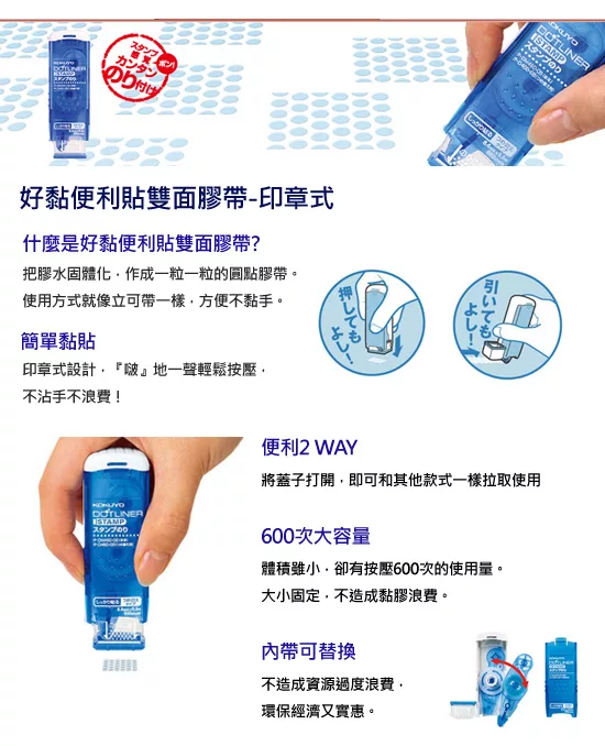 カンタン付け押しても好黏便利貼雙面膠帶-印章式什麼是好黏便利貼雙面膠帶?把膠水固體化作成一粒一粒的圓點膠帶。使用方式就像立可帶一樣方便不黏手。簡單黏貼印章式設計『啵』地一聲輕鬆按壓,不沾手不浪費!便利2 WAY將蓋子打開,即可和其他款式一樣拉取使用STAMPスタンプのり600次大容量體積雖小,卻有按壓600次的使用量。大小固定,不造成黏膠浪費。帶可替換不造成資源過度浪費,環保經濟又實惠。