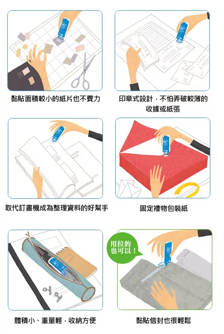 黏貼面積較小的紙片也不費力印章式設計不怕弄破較薄的收據或紙張取代訂書機成為整理資料的好幫手固定禮物包裝紙拉的也可以!體積小、重量輕收納方便黏貼信封也很輕鬆