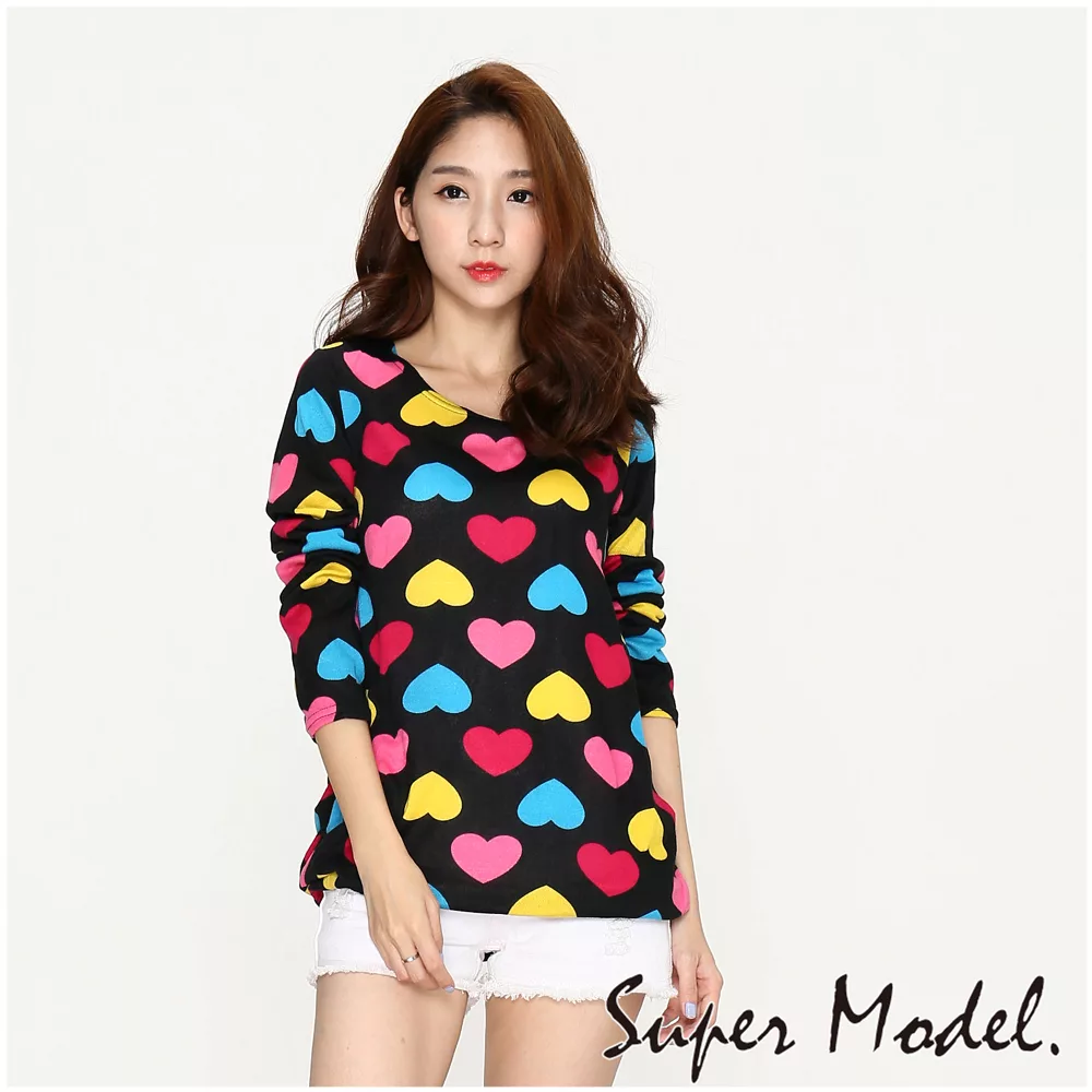 【名模衣櫃】親膚印花長袖上衣-32869(F可選)F繽紛愛心
