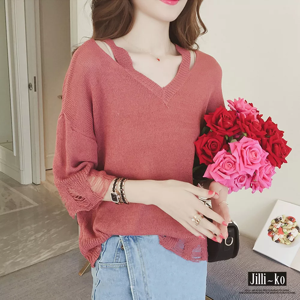 【Jilli~ko】韓版破損感春夏款針織衫 J6615　FREE紅色