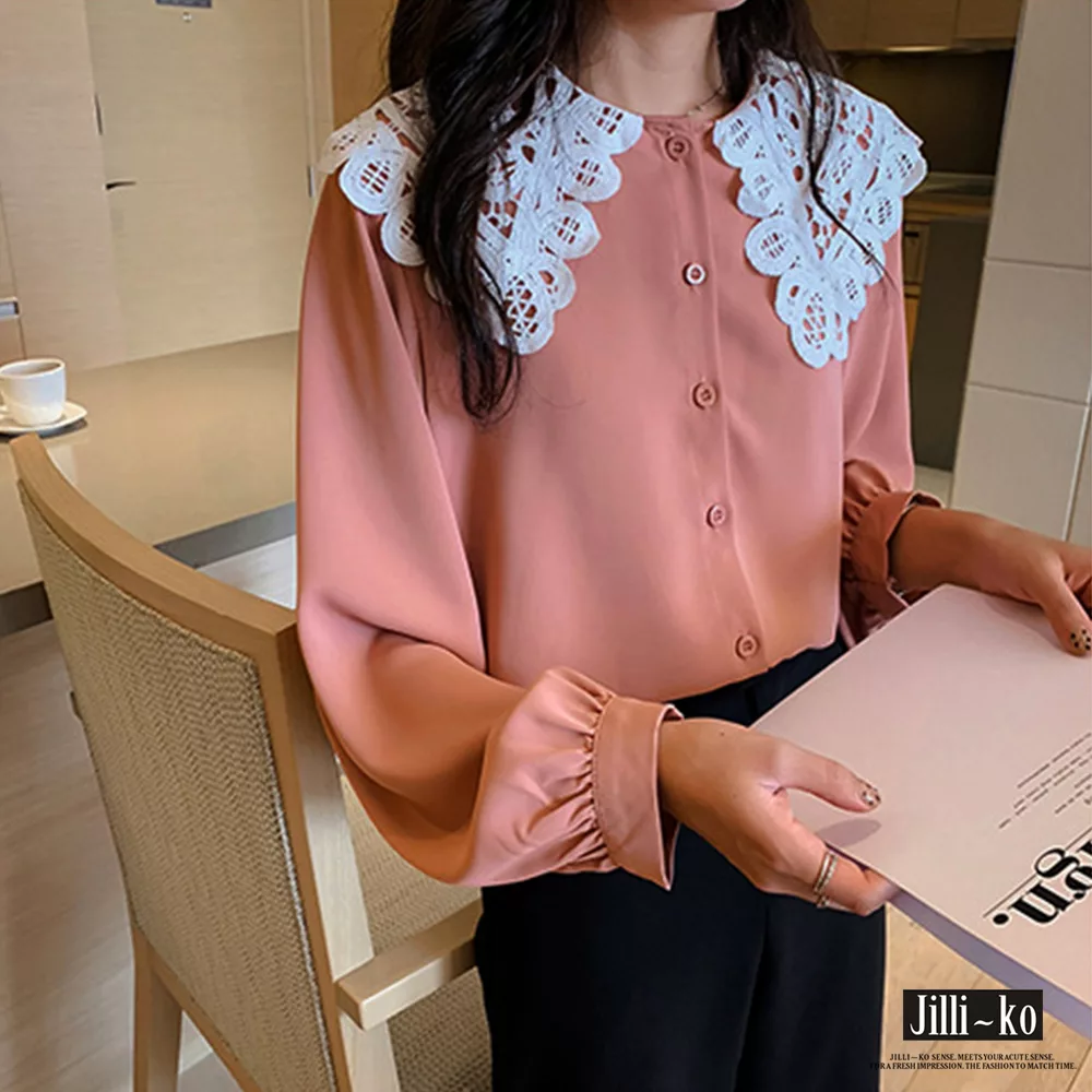 【Jilli~ko】韓版蕾絲大翻領寬版襯衫 6692　FREE粉紅