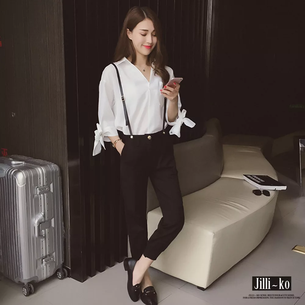 【Jilli~ko】韓版襯衫領打結袖上衣 J6772　FREE白色