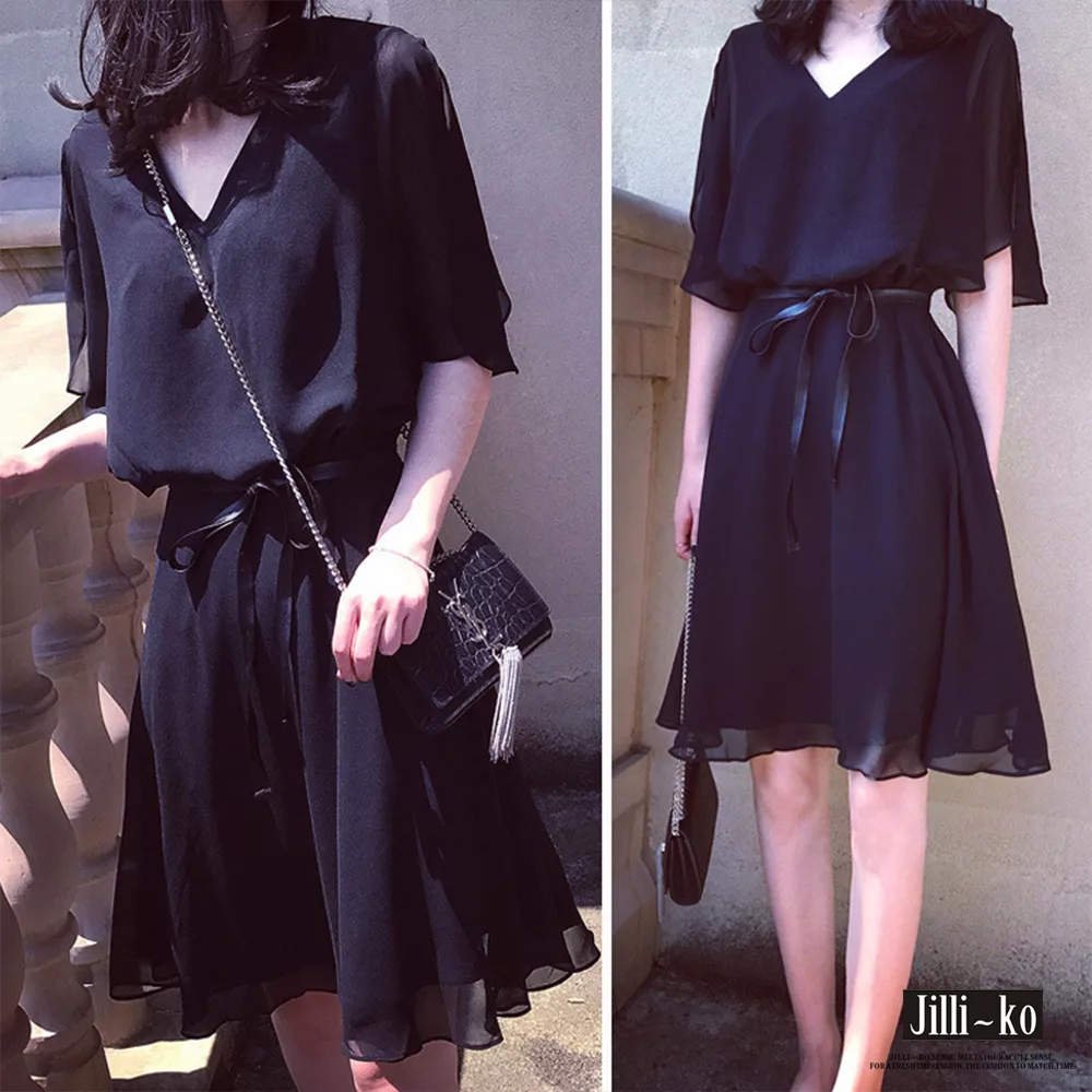 【Jilli~ko】皮質腰帶層次雪紡連身裙 XL J6751　XL黑色