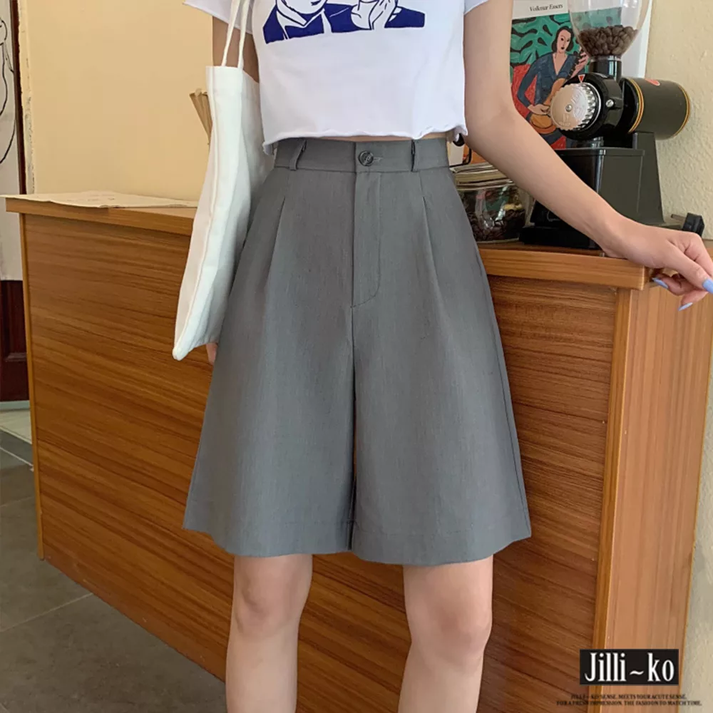 【Jilli~ko】韓版西裝寬版五分短褲 M/L/XL J7669　XL灰色