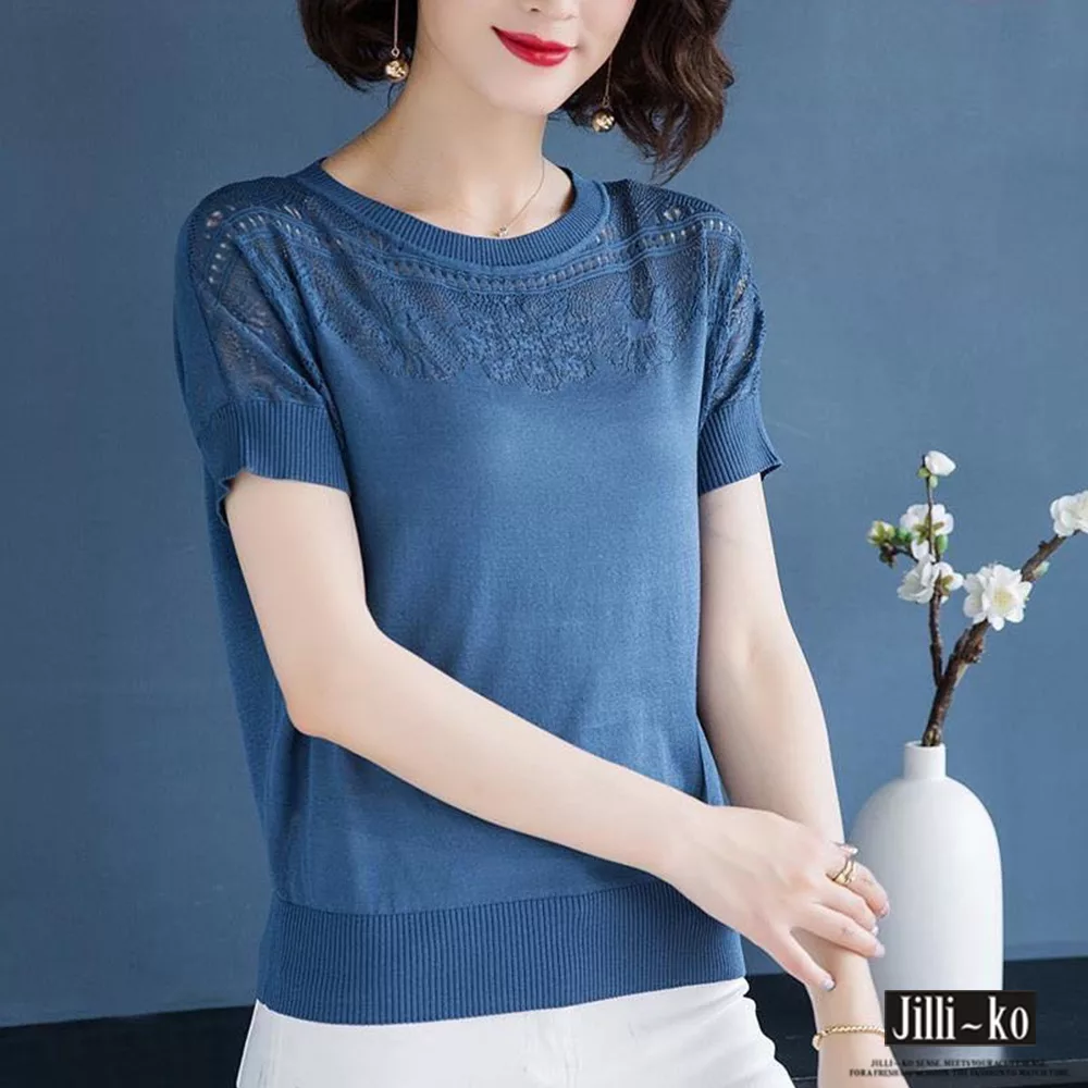 【Jilli~ko】韓版花朵鏤空冰絲針織衫 J7664　FREE藍色