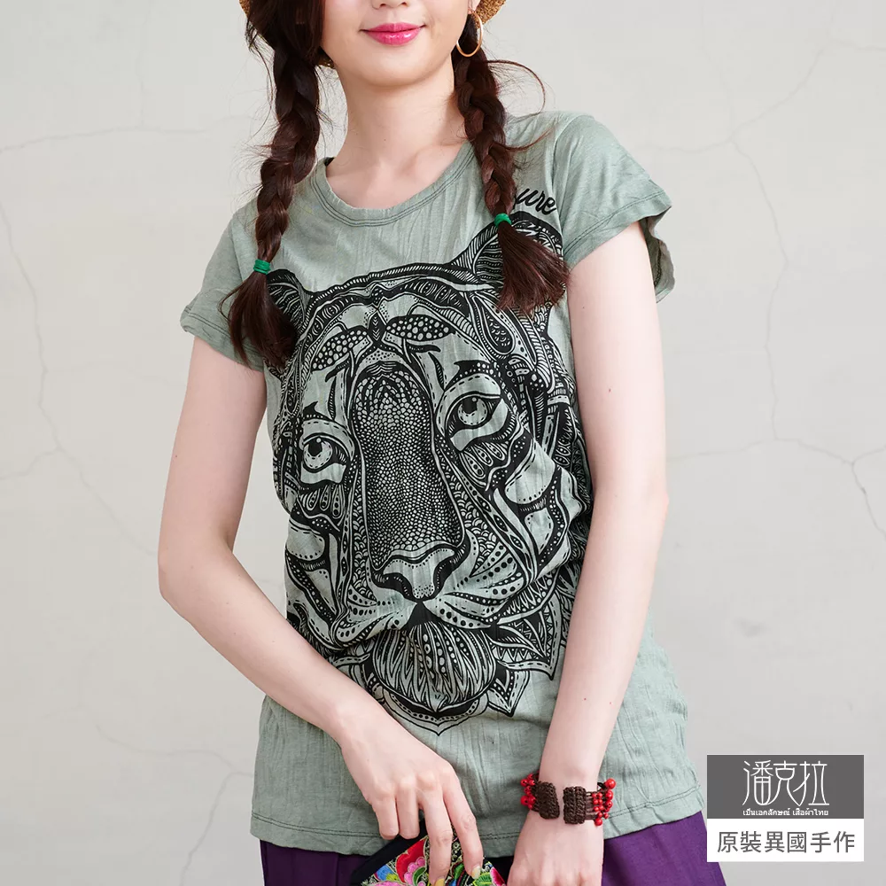【潘克拉】泰國老虎插畫印花捲皺純棉T恤 TM1293　FREE綠色