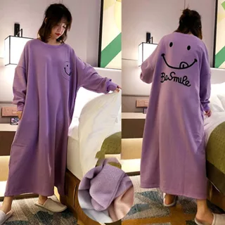 【唯蜜色】秋冬季保暖長袖加厚可愛寬鬆長款加絨睡裙FREE紫色