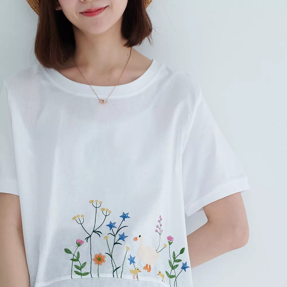 【慢。生活】輕文藝花草鳥型刺繡上衣 1186　 FREE 白色