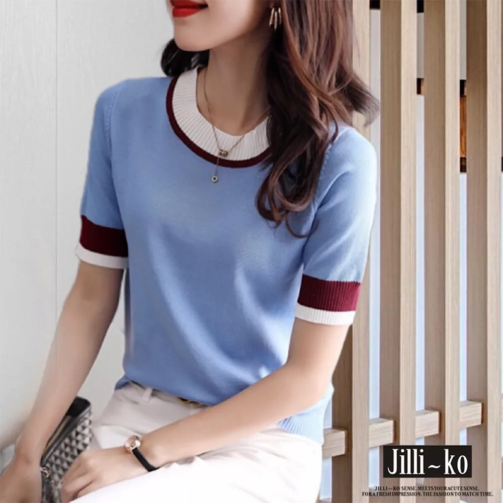 【Jilli~ko】圓領撞色冰絲針織衫 2553　 FREE 淺藍色