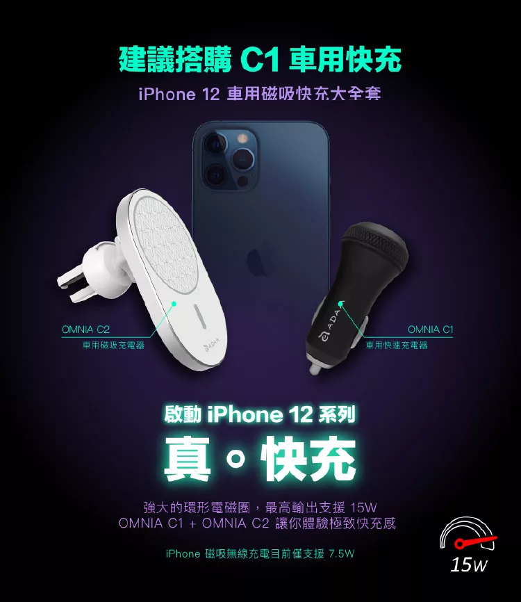 博客來 Adam Omnia C2 車用磁吸快充充電器iphone 12全系列專用款白