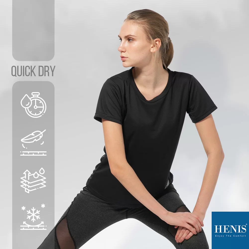 【HENIS】 百搭純色系 細緻網眼 輕透涼感衣 (女款)  2XL 黑