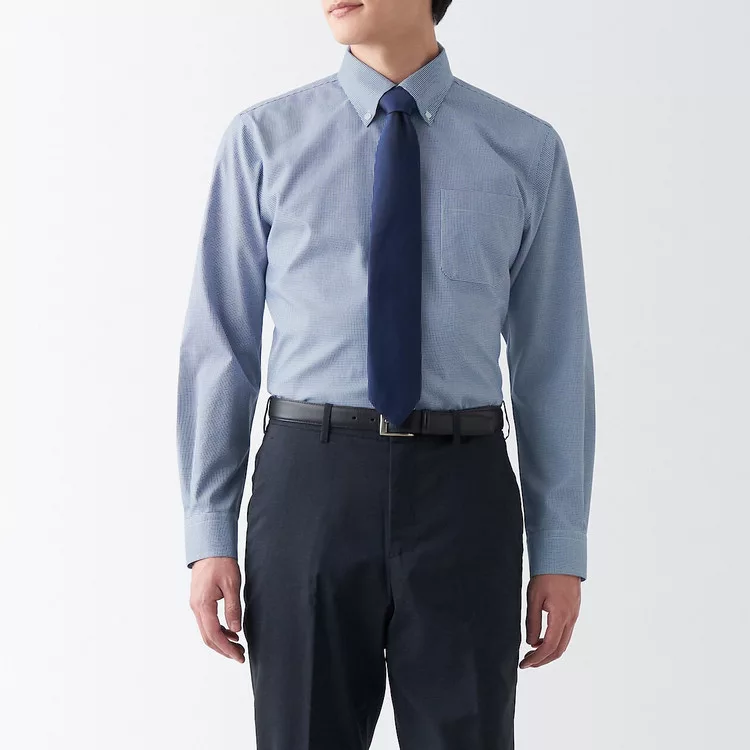 【MUJI 無印良品】男有機棉免熨燙扣領長袖襯衫 L 深藍格紋