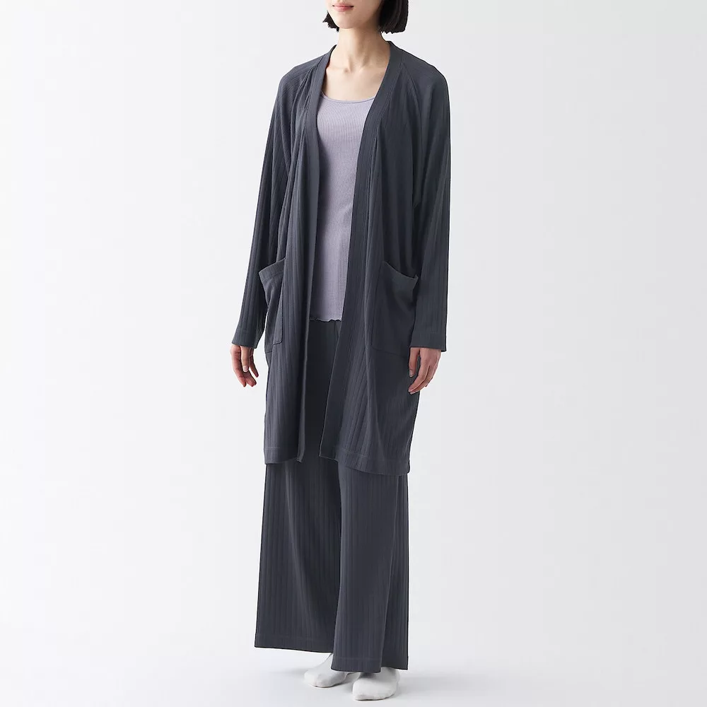 【MUJI 無印良品】女棉混莫代爾寬版螺紋長版開襟衫 XL 深灰