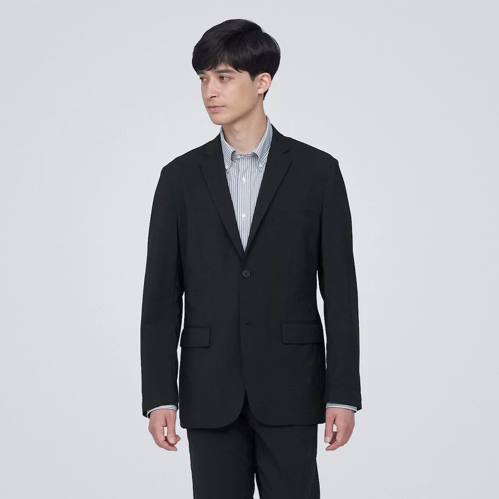 【MUJI 無印良品】男聚酯纖維輕鬆保養彈性西裝外套 L 黑色